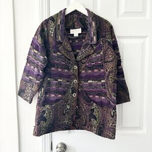 Leoniak Vintage Cotton Metallic Retro Knit Paisley Tapestry Three Button Blazer
